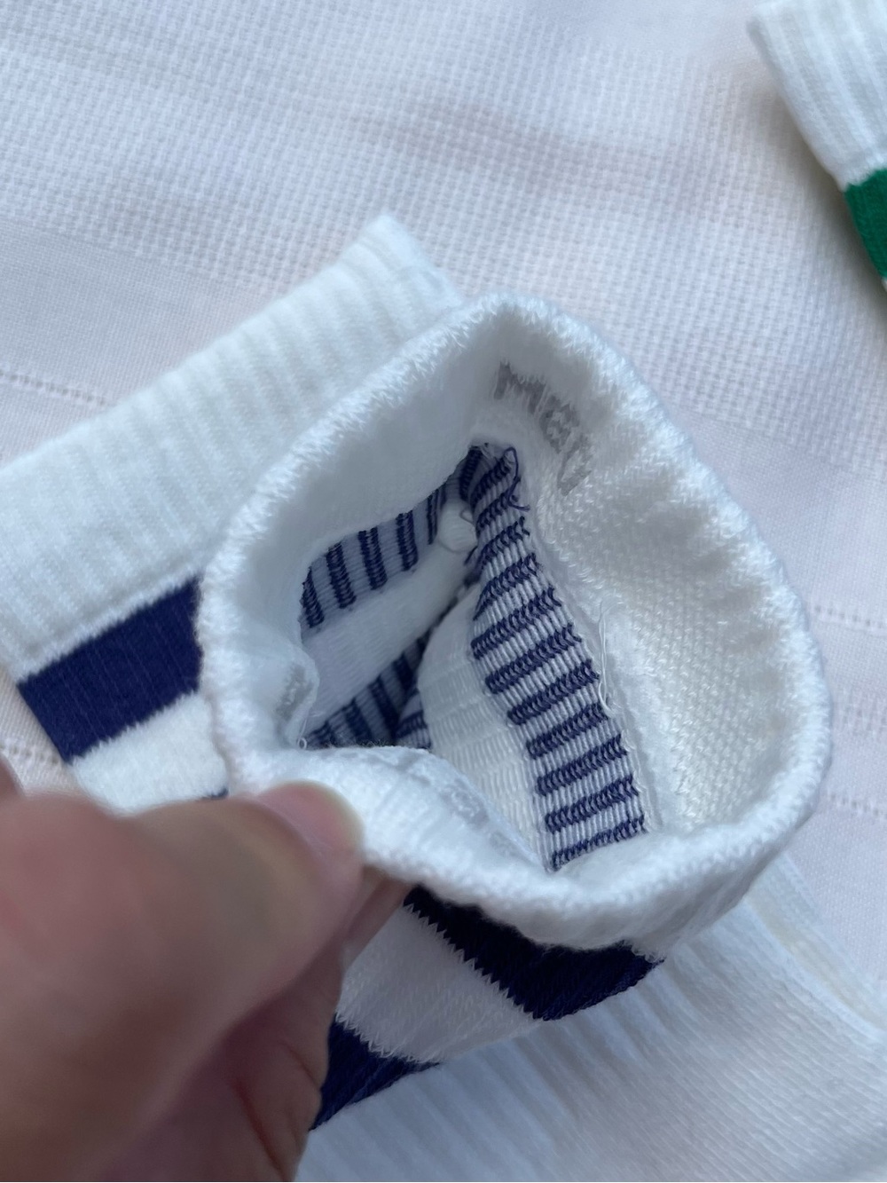 Bombas White Athletic Crew Socks with Green and Navy Stripes - Picture 6 of 14